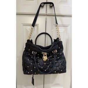 Michael Kors Black Quilted Studded Leather Satchel Chain Drawstring Padlock Bag